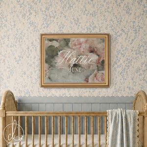 Flower Nursery Decor | Custom Name Sign with Vintage Peony Art | Personalized Baby Girl Gift in Gold Frame | N148