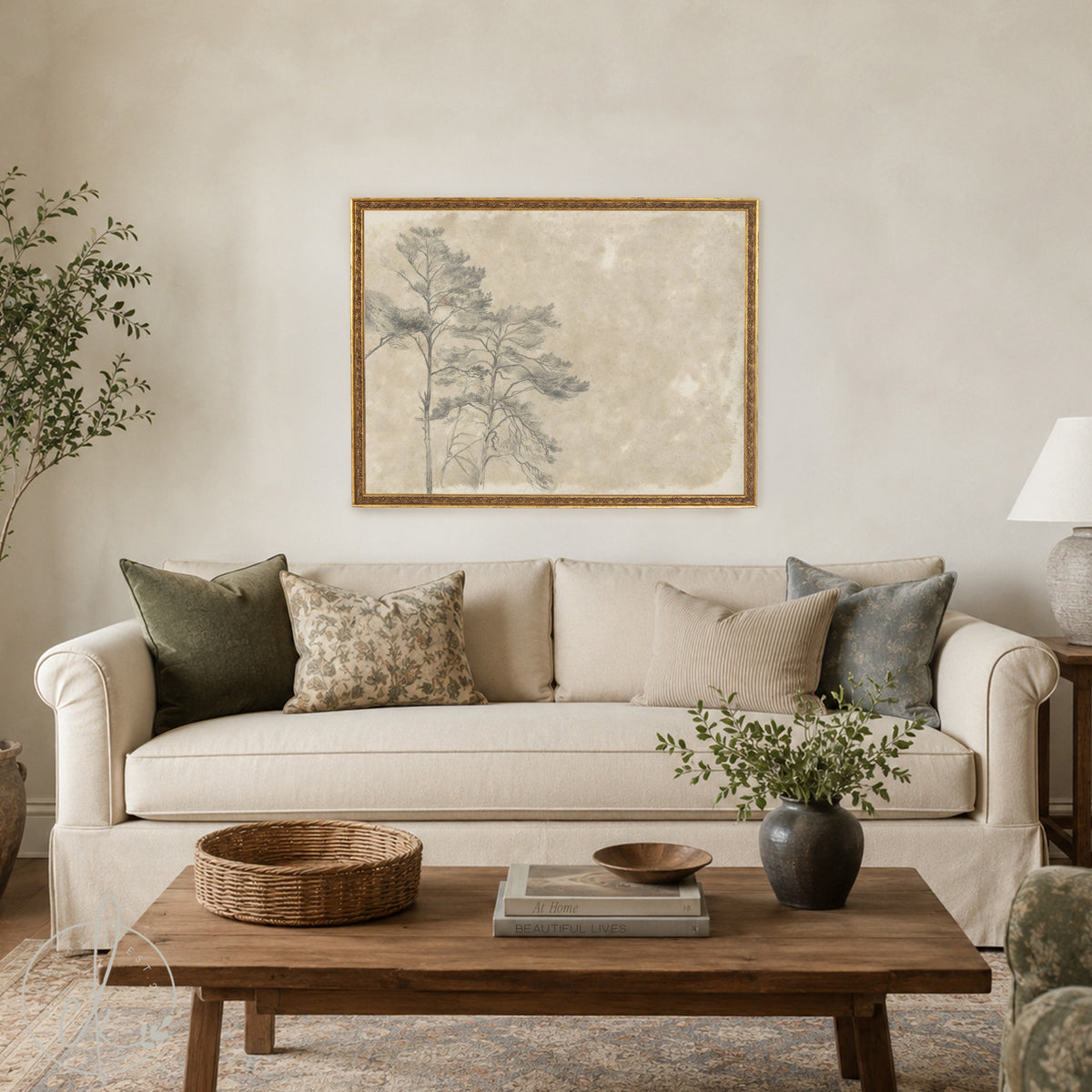 Large Tree Painting | Vintage Landscape Drawing | N14