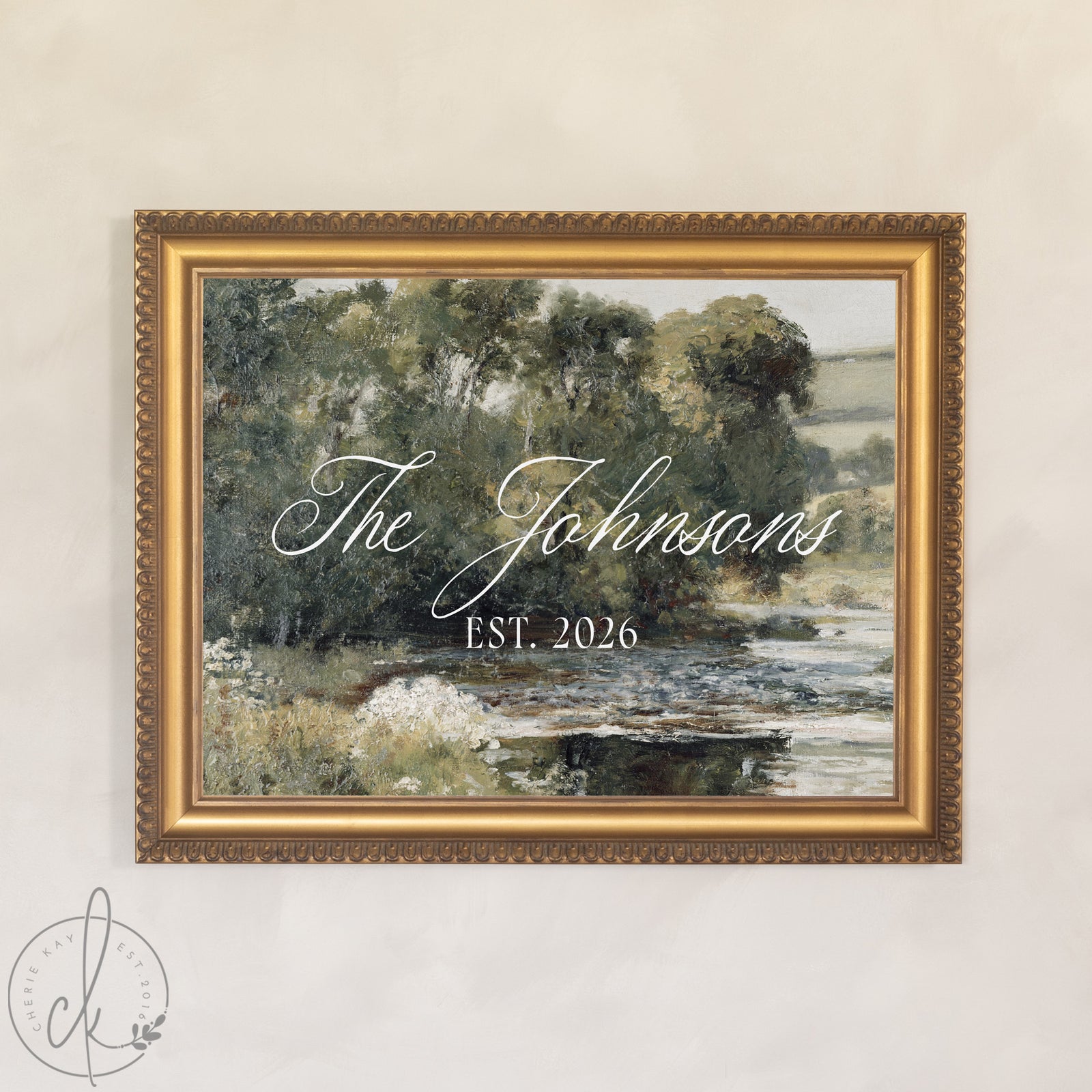 Personalized last name sign on vintage landscape canvas in gold frame, custom family name and date framed wall art