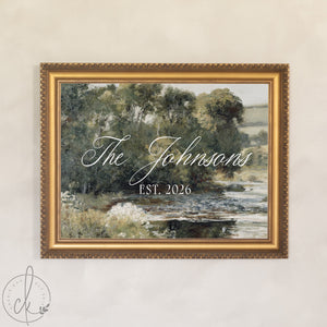 Personalized last name sign on vintage landscape canvas in gold frame, custom family name and date framed wall art