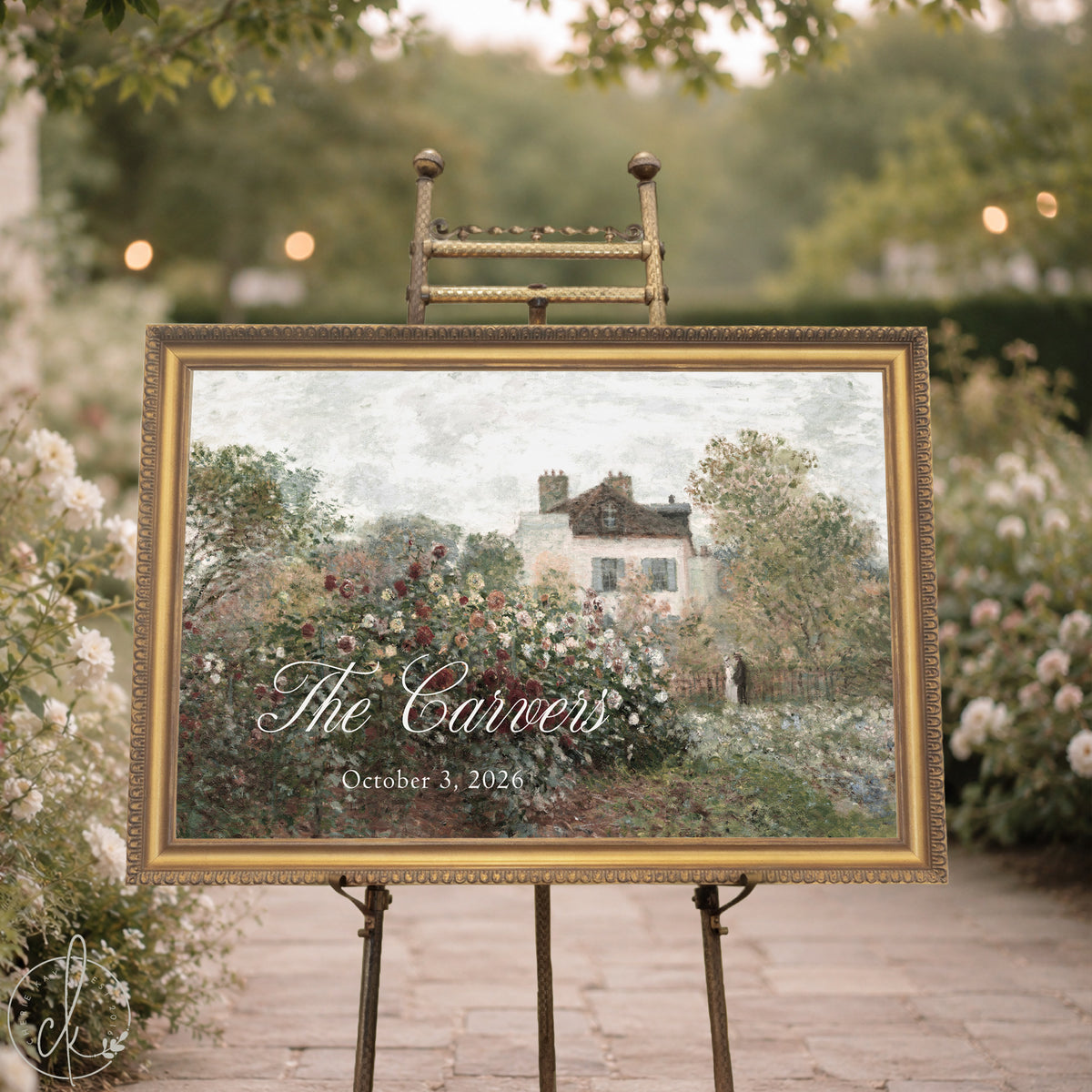 Wedding welcome sign personalized with The Averys and 10.25.2026 on a Monet garden canvas in a gold frame on an easel
