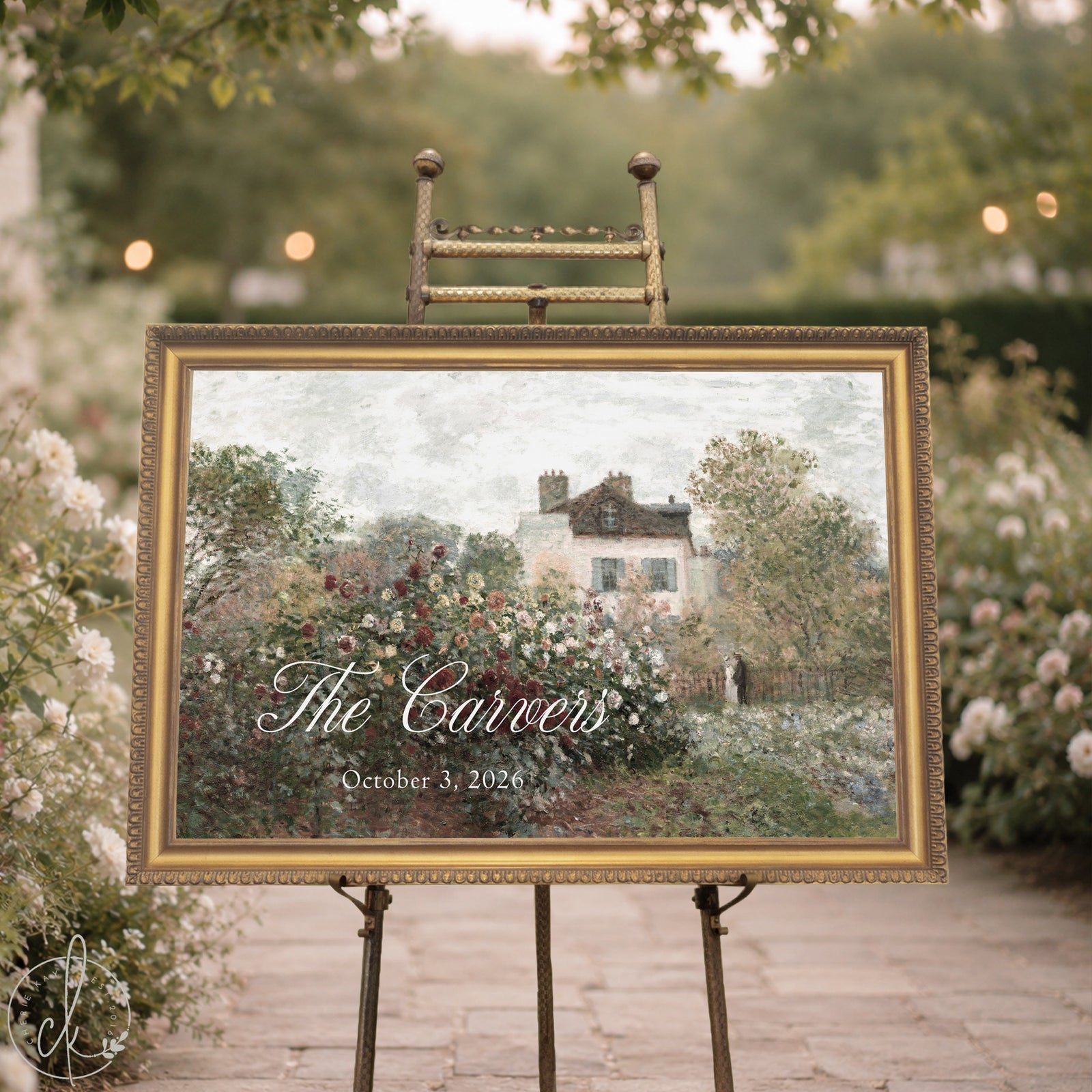 Wedding welcome sign personalized with The Averys and 10.25.2026 on a Monet garden canvas in a gold frame on an easel
