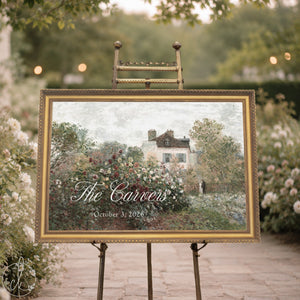Wedding welcome sign personalized with The Averys and 10.25.2026 on a Monet garden canvas in a gold frame on an easel