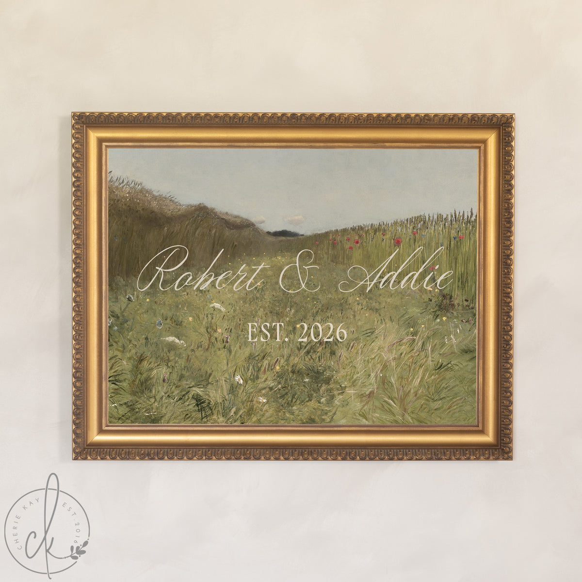 Wedding Last Name Sign | Gold Framed Personalized Wildflower Landscape | N156