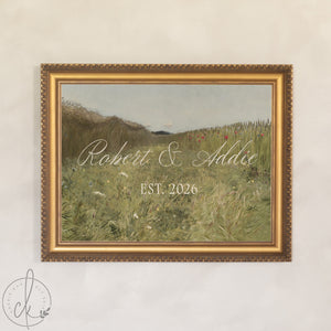 Wedding Last Name Sign | Gold Framed Personalized Wildflower Landscape | N156