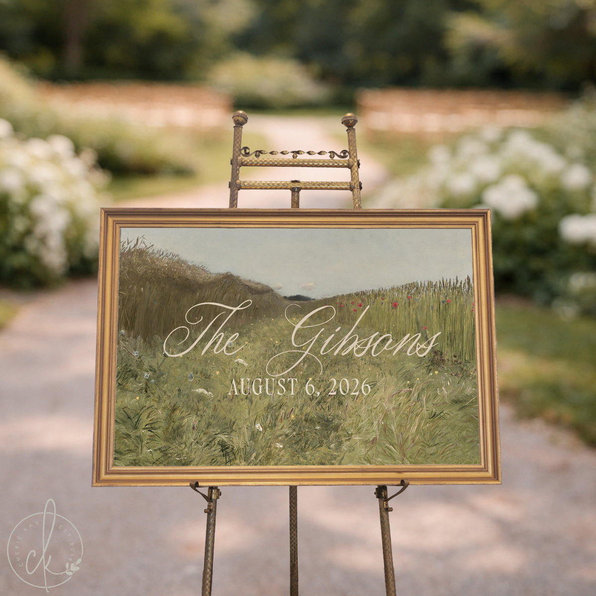 Wedding Last Name Sign | Gold Framed Personalized Wildflower Landscape | N156