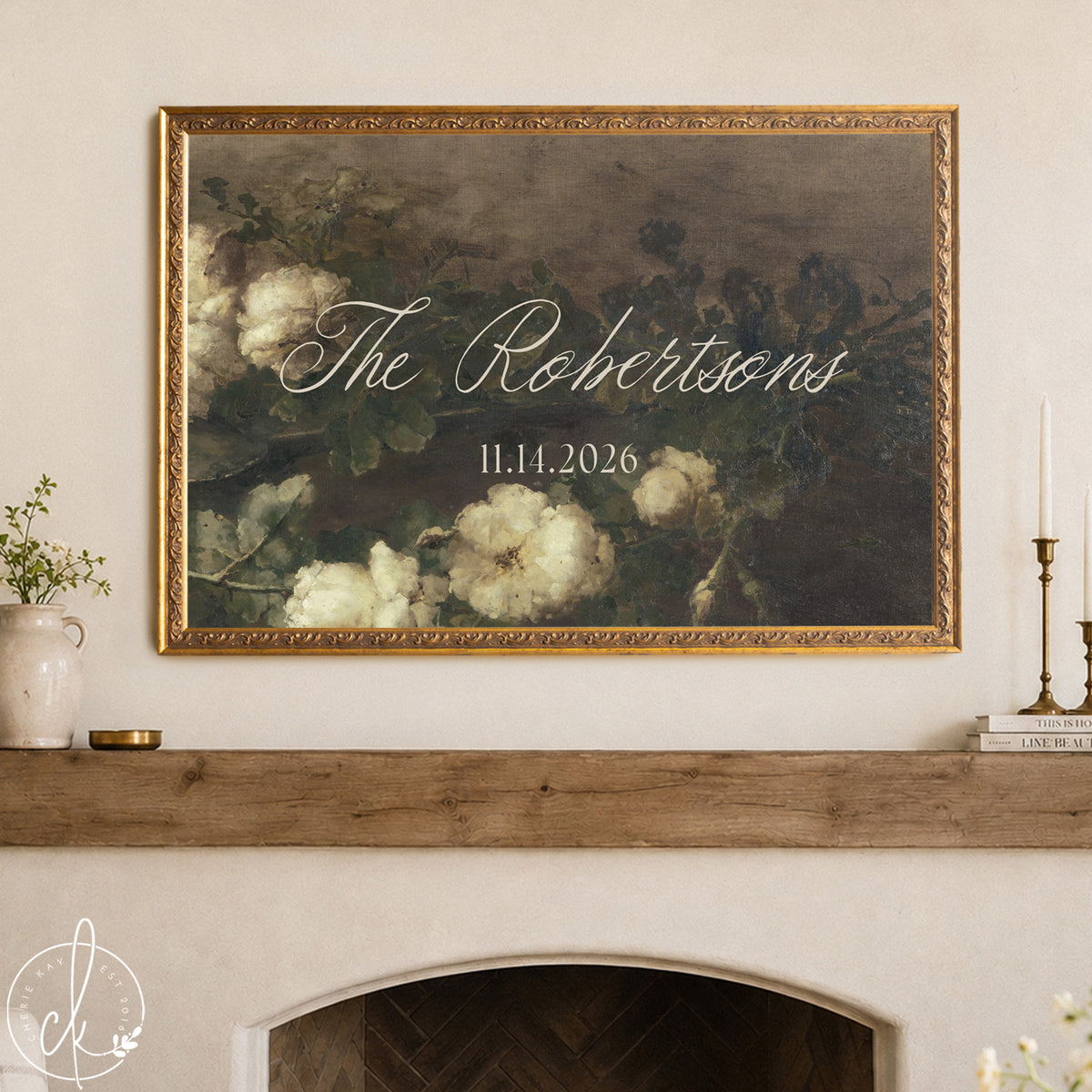 Wedding Last Name Sign | Dark Floral Gold Frame | Custom Welcome Sign for Reception | N157