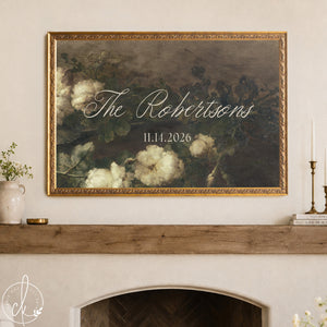 Wedding Last Name Sign | Dark Floral Gold Frame | Custom Welcome Sign for Reception | N157