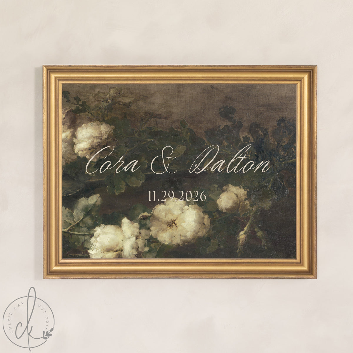 Wedding Last Name Sign | Dark Floral Gold Frame | Custom Welcome Sign for Reception | N157