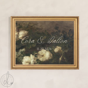 Wedding Last Name Sign | Dark Floral Gold Frame | Custom Welcome Sign for Reception | N157