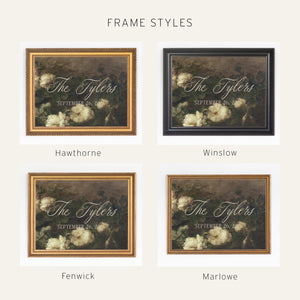 Wedding Last Name Sign | Dark Floral Gold Frame | Custom Welcome Sign for Reception | N157
