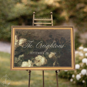 Wedding Last Name Sign | Dark Floral Gold Frame | Custom Welcome Sign for Reception | N157