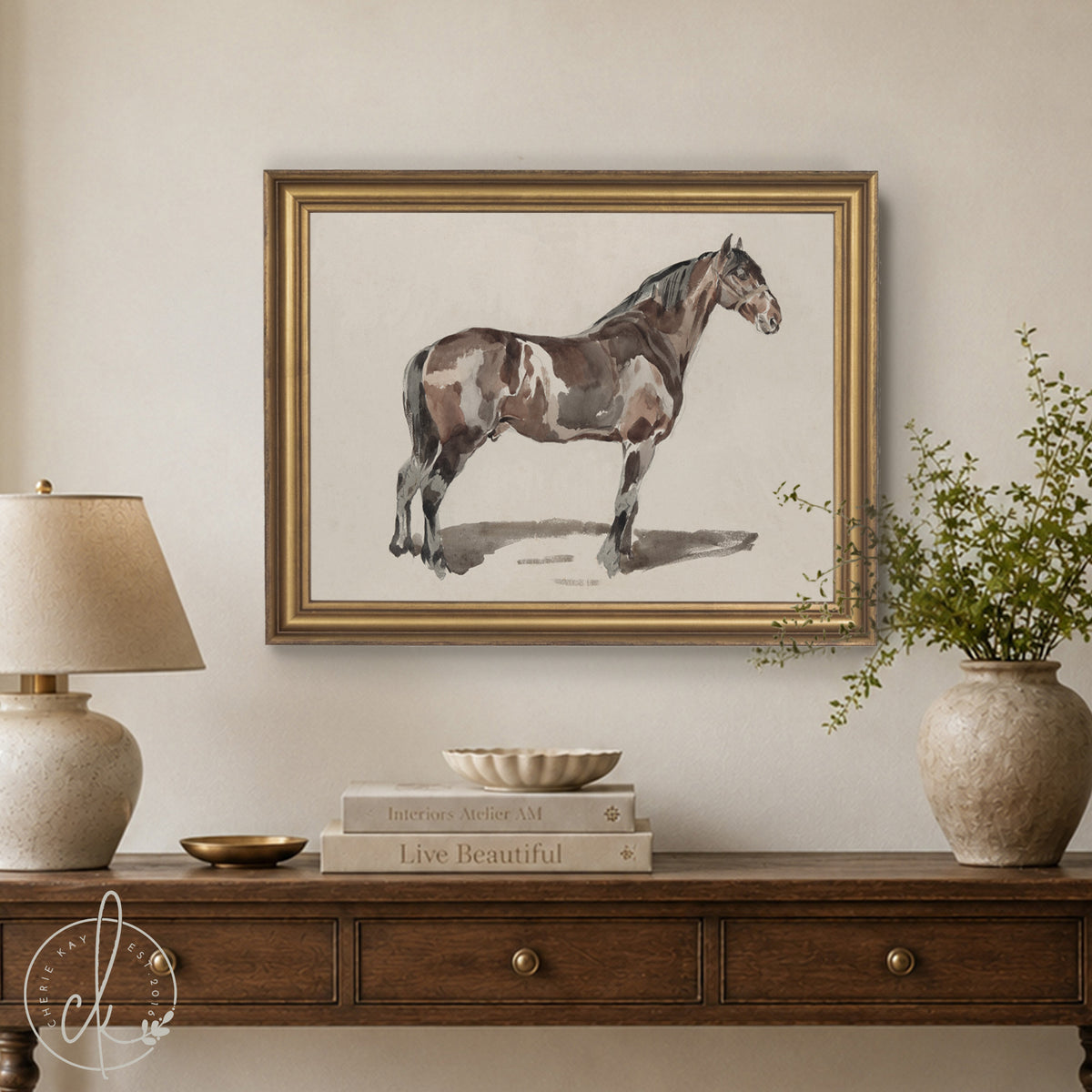 Horse Portrait Framed Canvas | Watercolor Equestrian Wall Art | Vintage Gold Frame Decor | N165