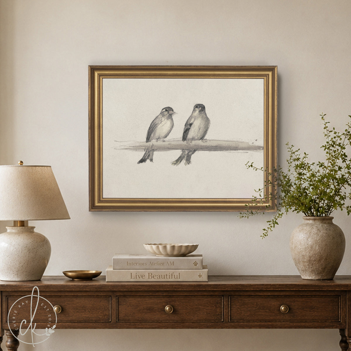 Framed Bird Art | Two Little Birds on a Branch, Ornate Gold Frame | Vintage Neutral Living Room Wall Decor | N167