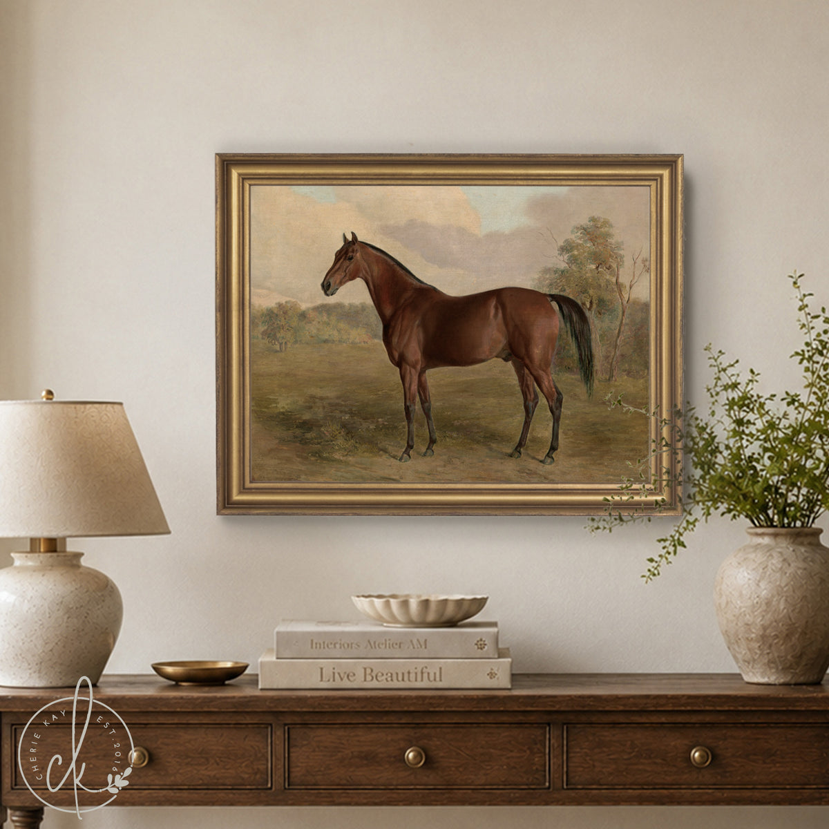 Horse Canvas Wall Art | Vintage Countryside Painting in Gold Frame | Equestrian Decor for Living Room or Entryway | N169
