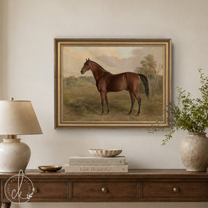 Horse Canvas Wall Art | Vintage Countryside Painting in Gold Frame | Equestrian Decor for Living Room or Entryway | N169