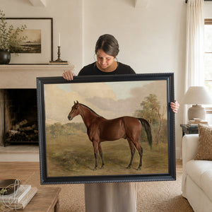 Horse Canvas Wall Art | Vintage Countryside Painting in Gold Frame | Equestrian Decor for Living Room or Entryway | N169
