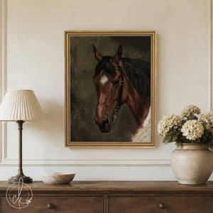 Horse Artwork | Moody Equestrian Canvas in Ornate Gold Frame | Vintage Wall Decor for Entryway or Office | N170