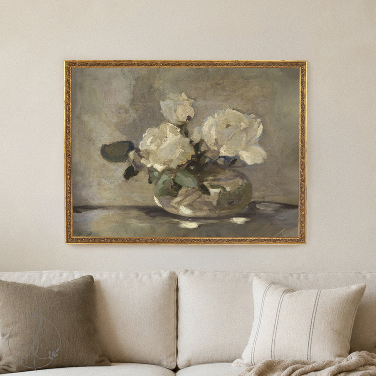 Floral bouquet painting with white roses in ornate gold frame, classic wall art for home.