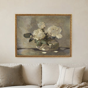 Floral bouquet painting with white roses in ornate gold frame, classic wall art for home.
