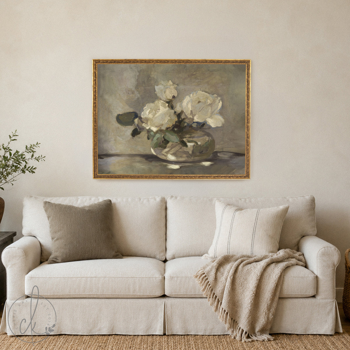 Floral Bouquet Painting | Vintage Framed White Rose Wall Art | N195