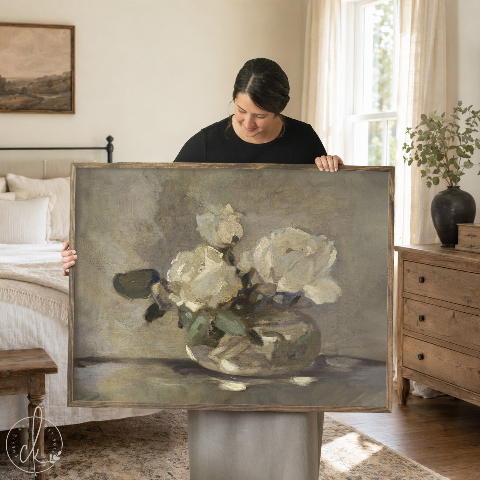 Framed canvas white flower wall art featuring white blooms in a glass vase on a neutral background.