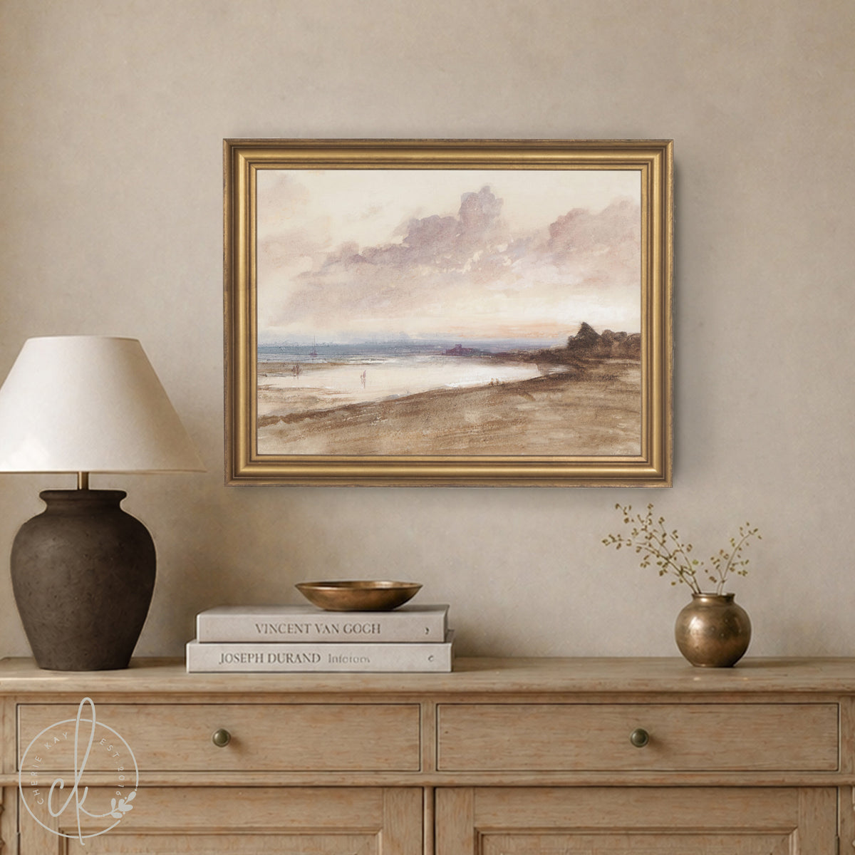 Beach Sunset Painting | Vintage Coastal Wall Art for Living Room or Bedroom | Gold Framed Canvas Print | N198