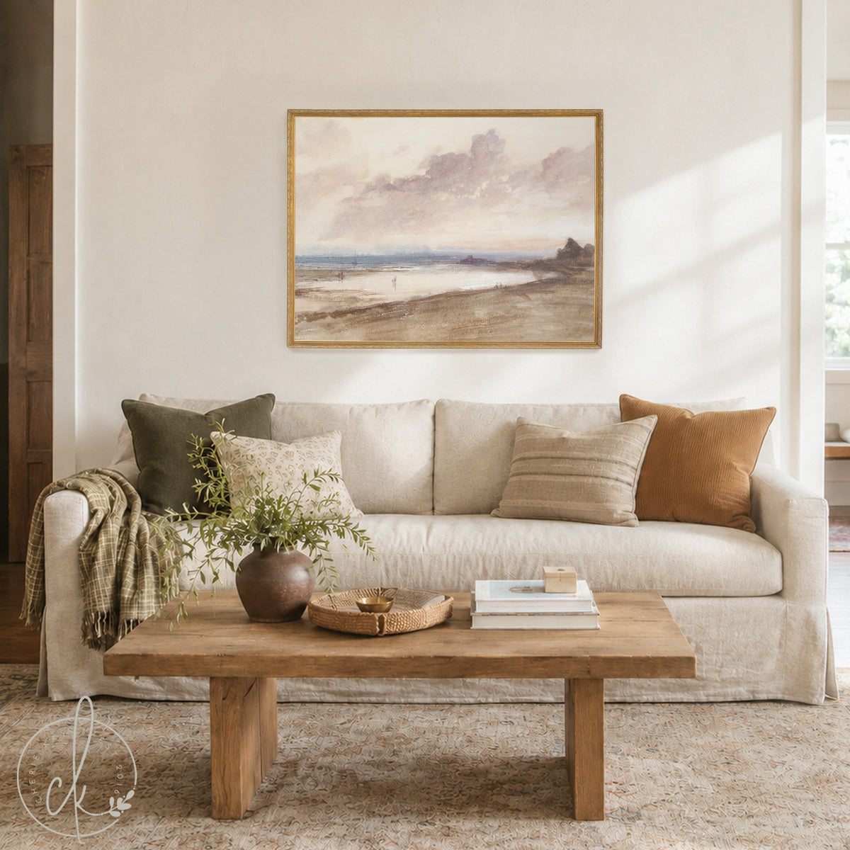 Beach Sunset Painting | Vintage Coastal Wall Art for Living Room or Bedroom | Gold Framed Canvas Print | N198