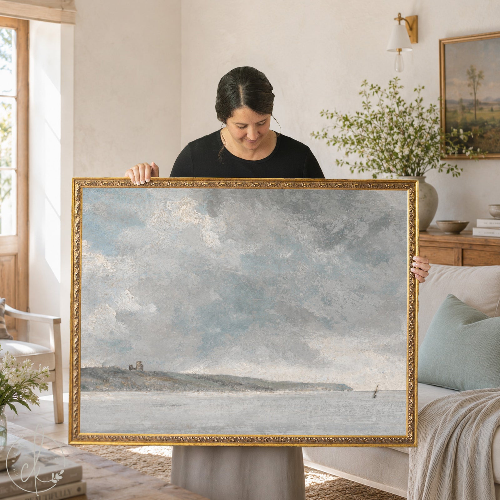 Framed coastal seascape painting with sailboat — nautical wall decor for home
