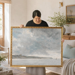 Framed coastal seascape painting with sailboat — nautical wall decor for home