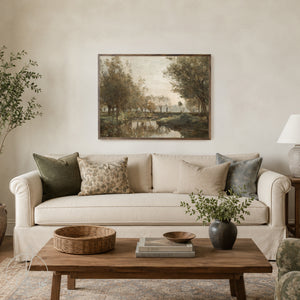 River Landscape Art | Vintage Countryside Canvas Print | Earth Tone Living Room Decor | N204