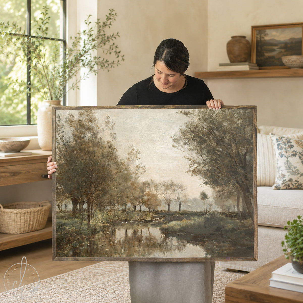 River Landscape Art | Vintage Countryside Canvas Print | Earth Tone Living Room Decor | N204