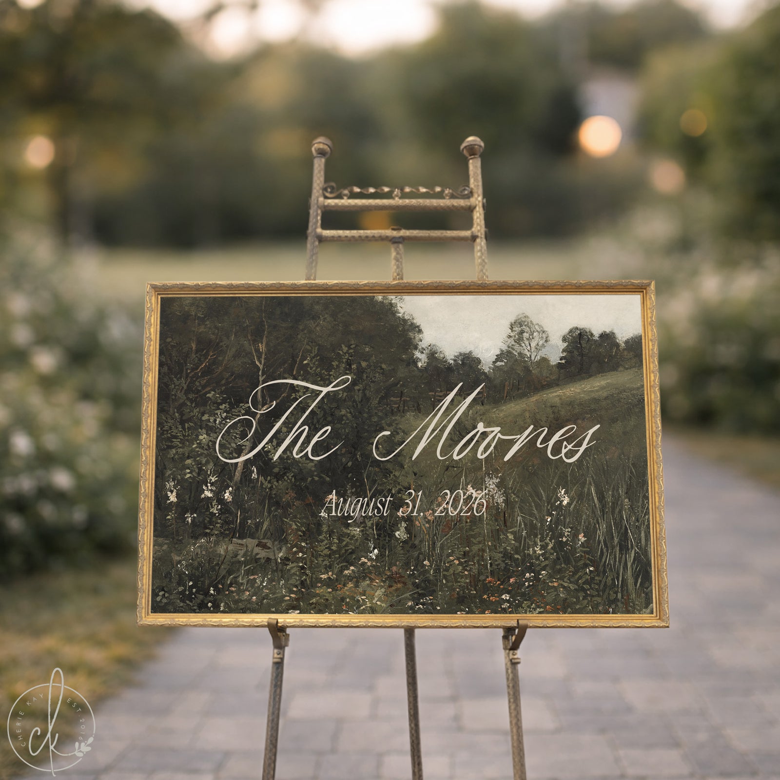 Vintage wedding sign with gold frame and personalized names, perfect for ceremony or home decor.