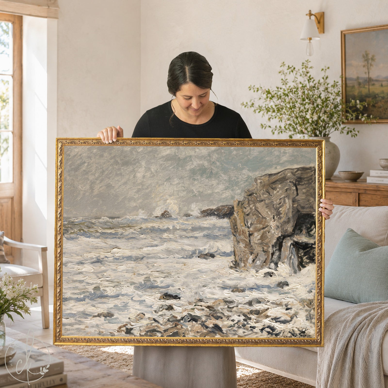 Monet ocean painting The Cliff of Aval Étretat framed canvas print with ornate gold frame.
