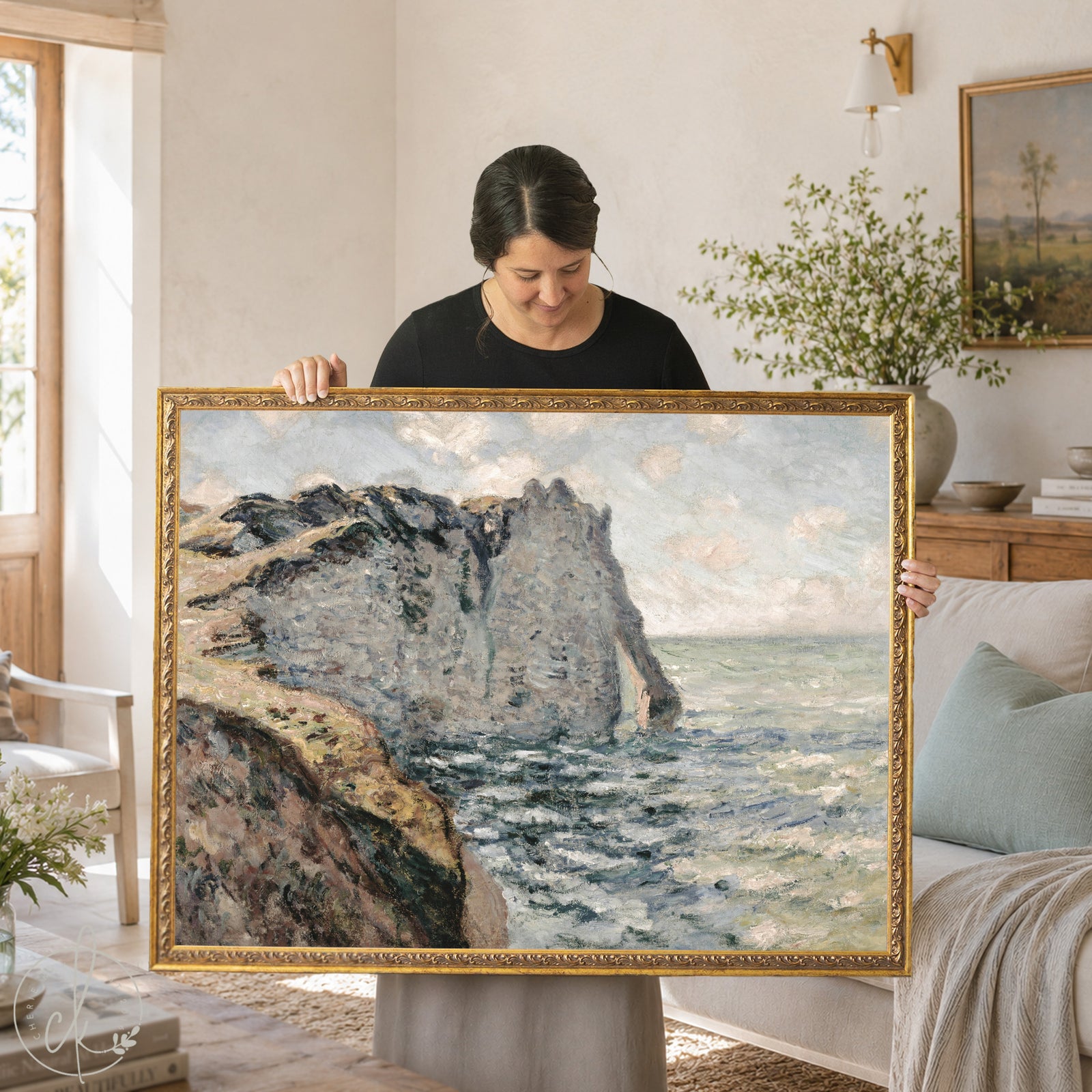 Monet ocean painting The Cliff of Aval Étretat framed canvas print with ornate gold frame.
