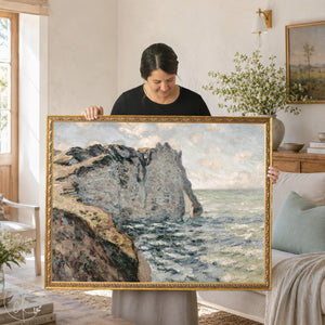 Monet ocean painting The Cliff of Aval Étretat framed canvas print with ornate gold frame.