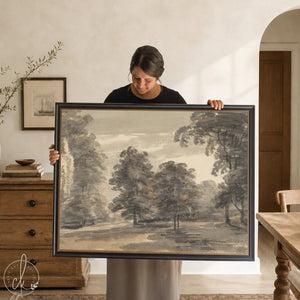 Moody landscape wall art in a black frame with gold beaded liner, a charcoal woodland tree scene.