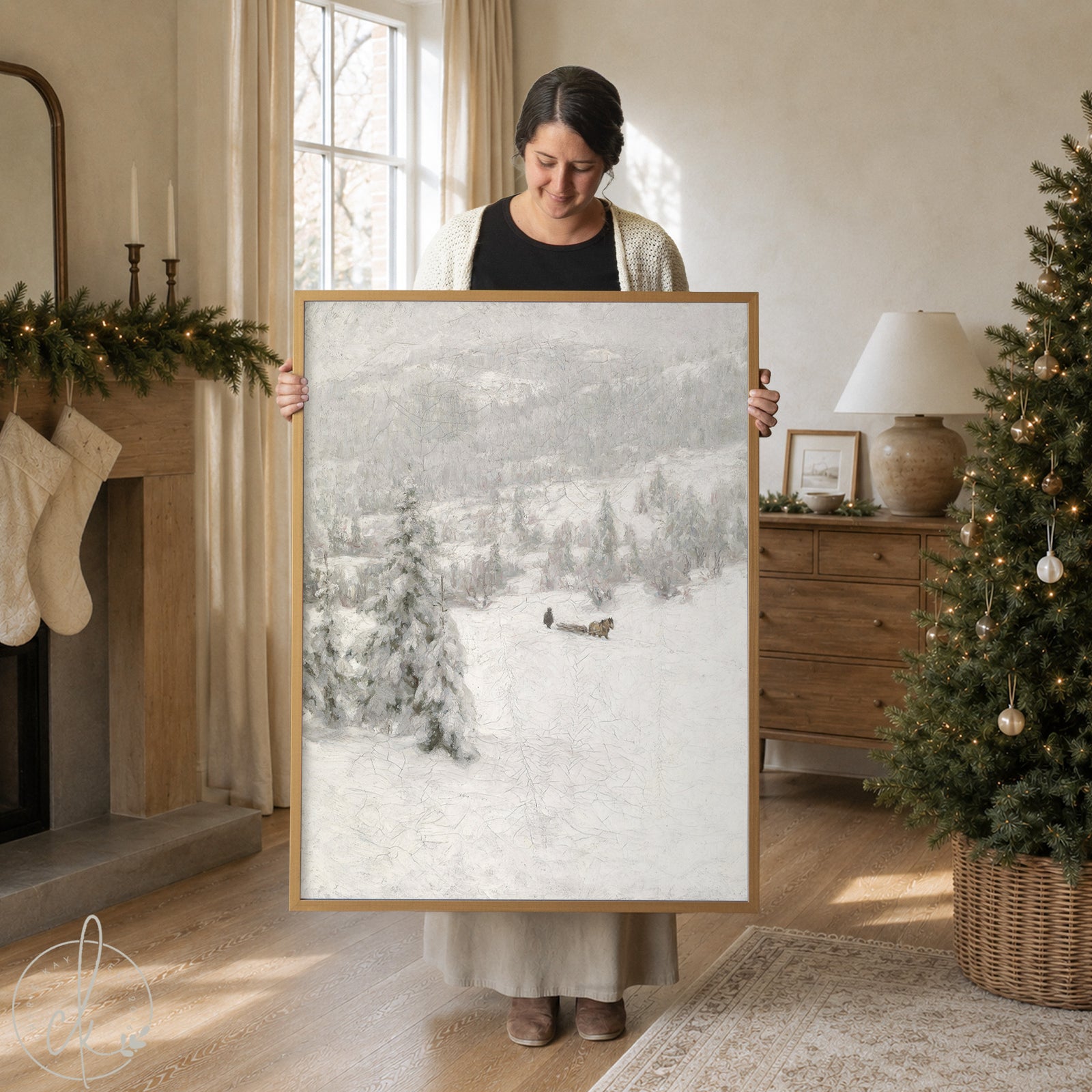 Snowy landscape painting framed winter wall art for Christmas living room decor