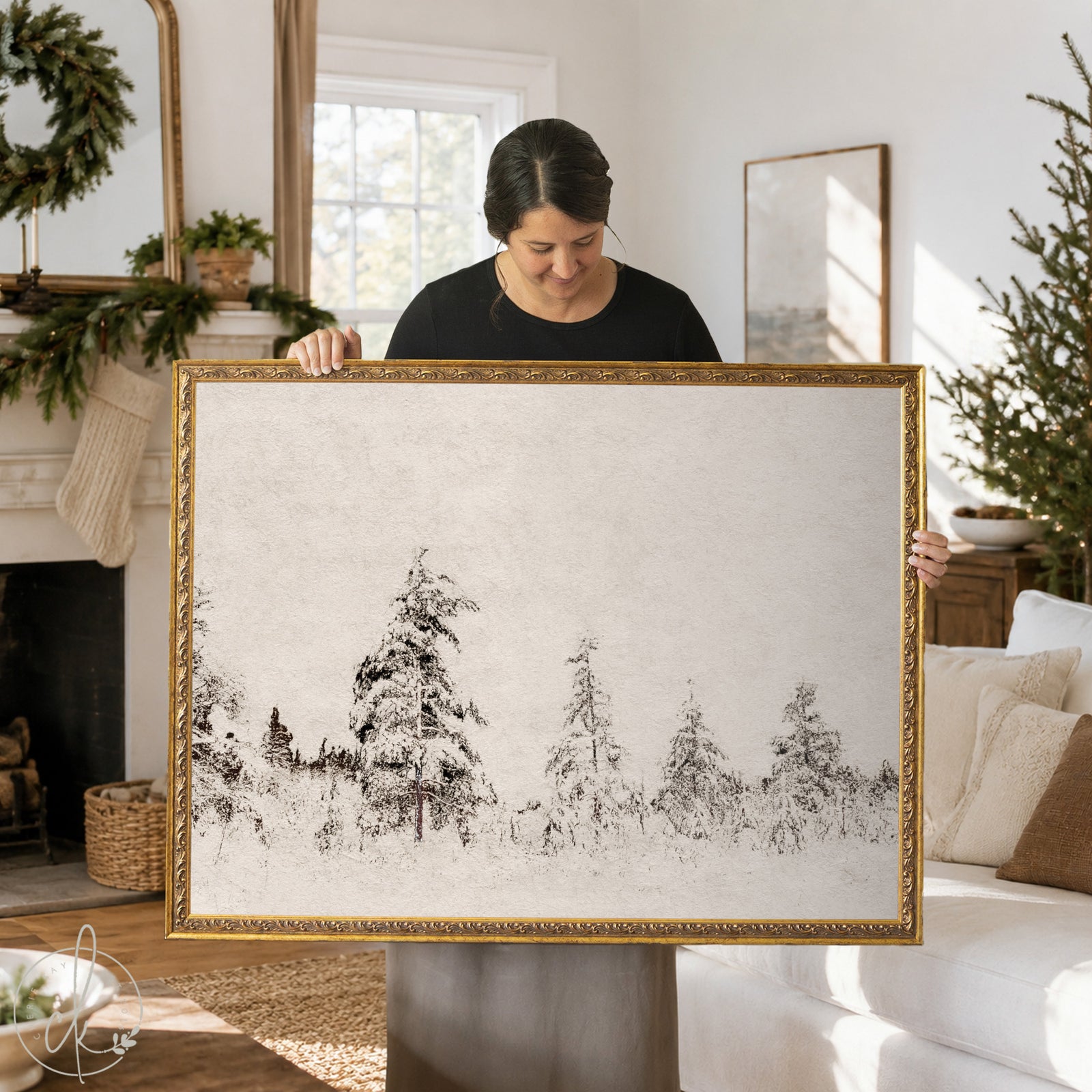Framed winter wall art with snowy forest scene in gold frame, ideal for Christmas home decor.