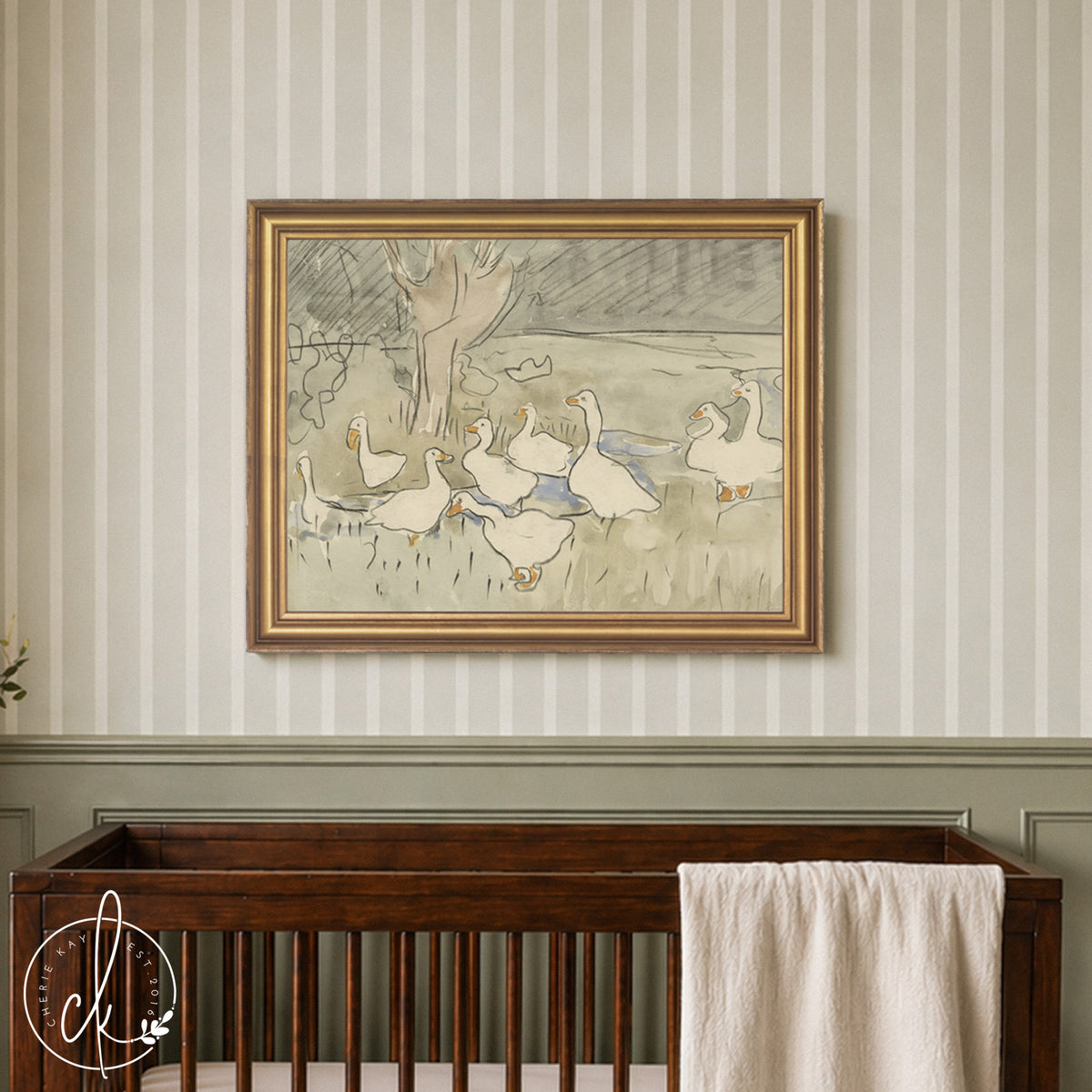 Goose Nursery Decor | Vintage Geese Wall Art in Gold Frame | Neutral Canvas Print for Baby or Kids Room | N226 | N226
