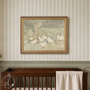 Goose Nursery Decor | Vintage Geese Wall Art in Gold Frame | Neutral Canvas Print for Baby Room | N226