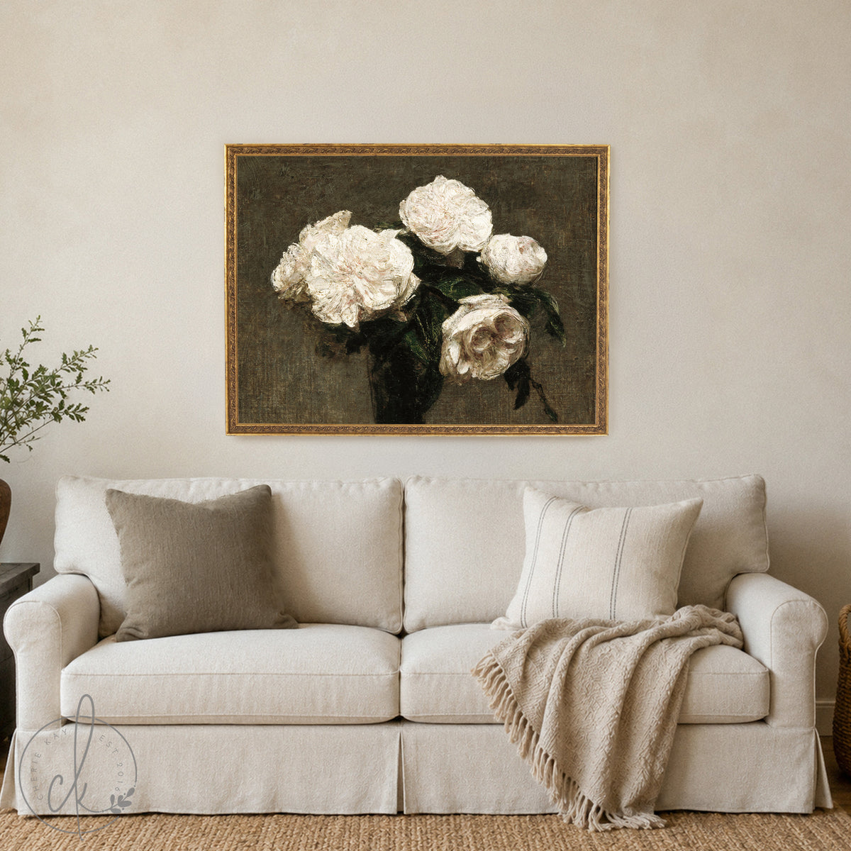 Moody Floral Wall Art | Gold Framed White Roses Canvas Print | Dark Academia Decor | N227