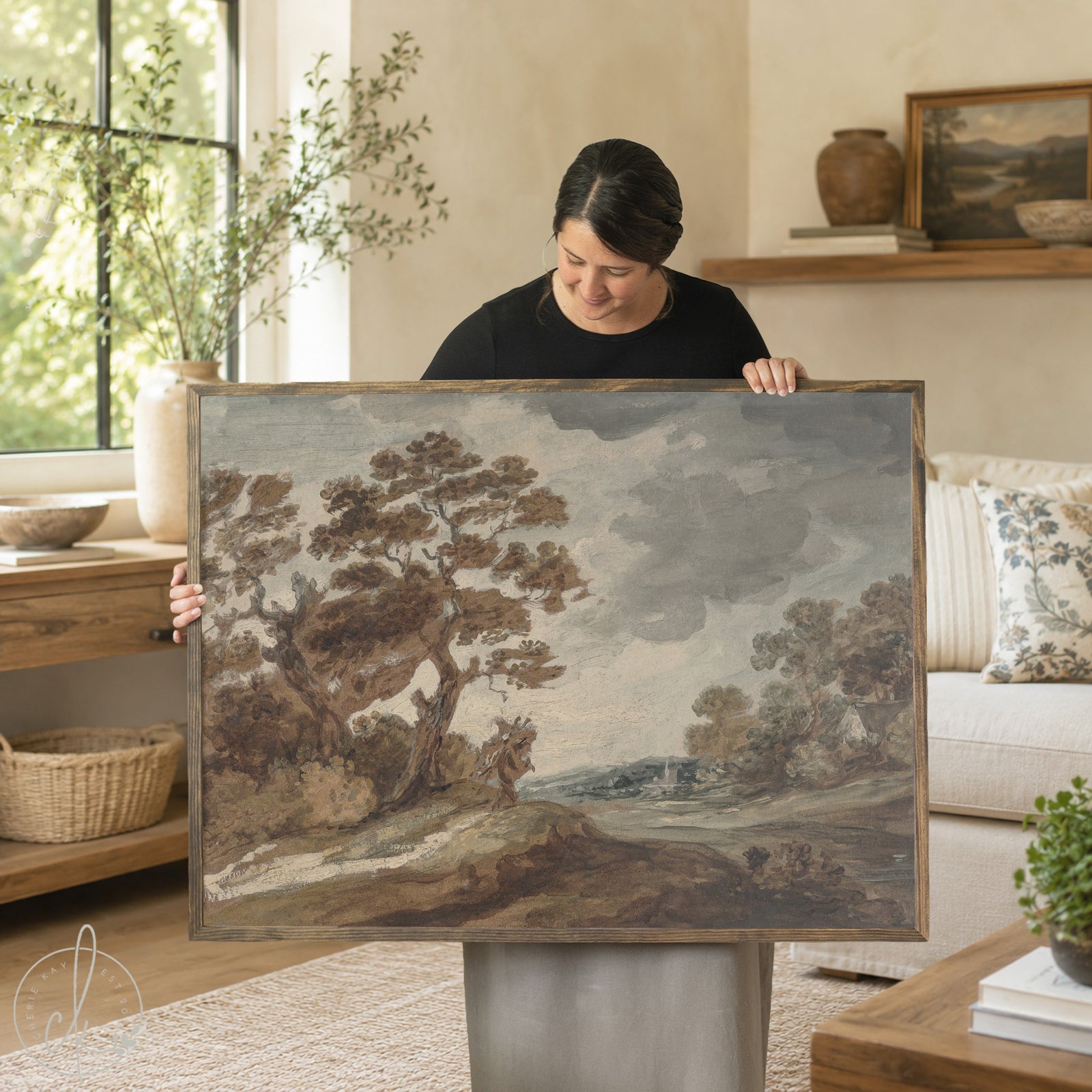 Autumn landscape painting by Gainsborough Dupont in natural wood frame, depicting fall countryside scene for living room wall decor.
