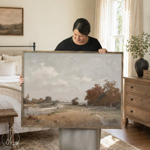 Fall landscape painting with vintage countryside scene framed canvas wall art