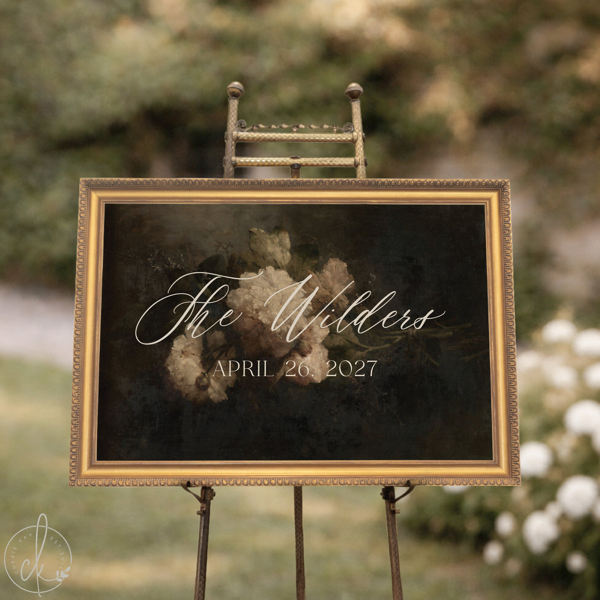 Wedding welcome sign with custom name and date in gold frame floral design