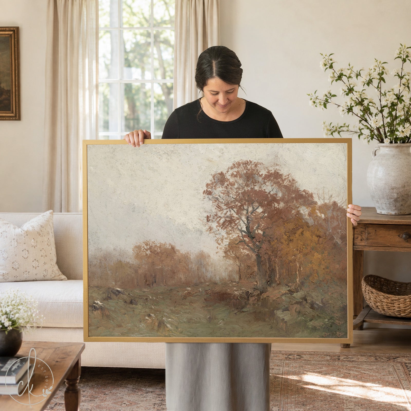 Framed fall landscape wall art in natural wood frame, featuring a detailed autumn scene for seasonal home decor.