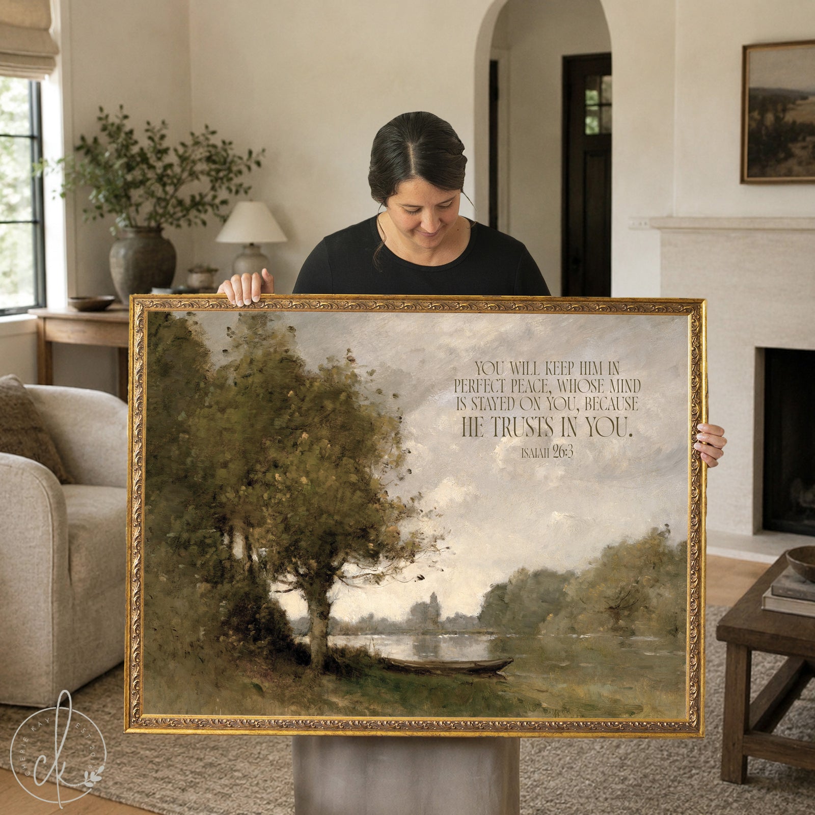 Bible verse wall art featuring Isaiah 26:3 - vintage landscape painting with trees and river in ornate gold frame