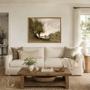 A rectangular landscape painting in a gold frame featuring a river scene with trees and a small boat. The text reads: You will keep him in perfect peace, whose mind is stayed on you, because he trusts in you. Isaiah 26:3.