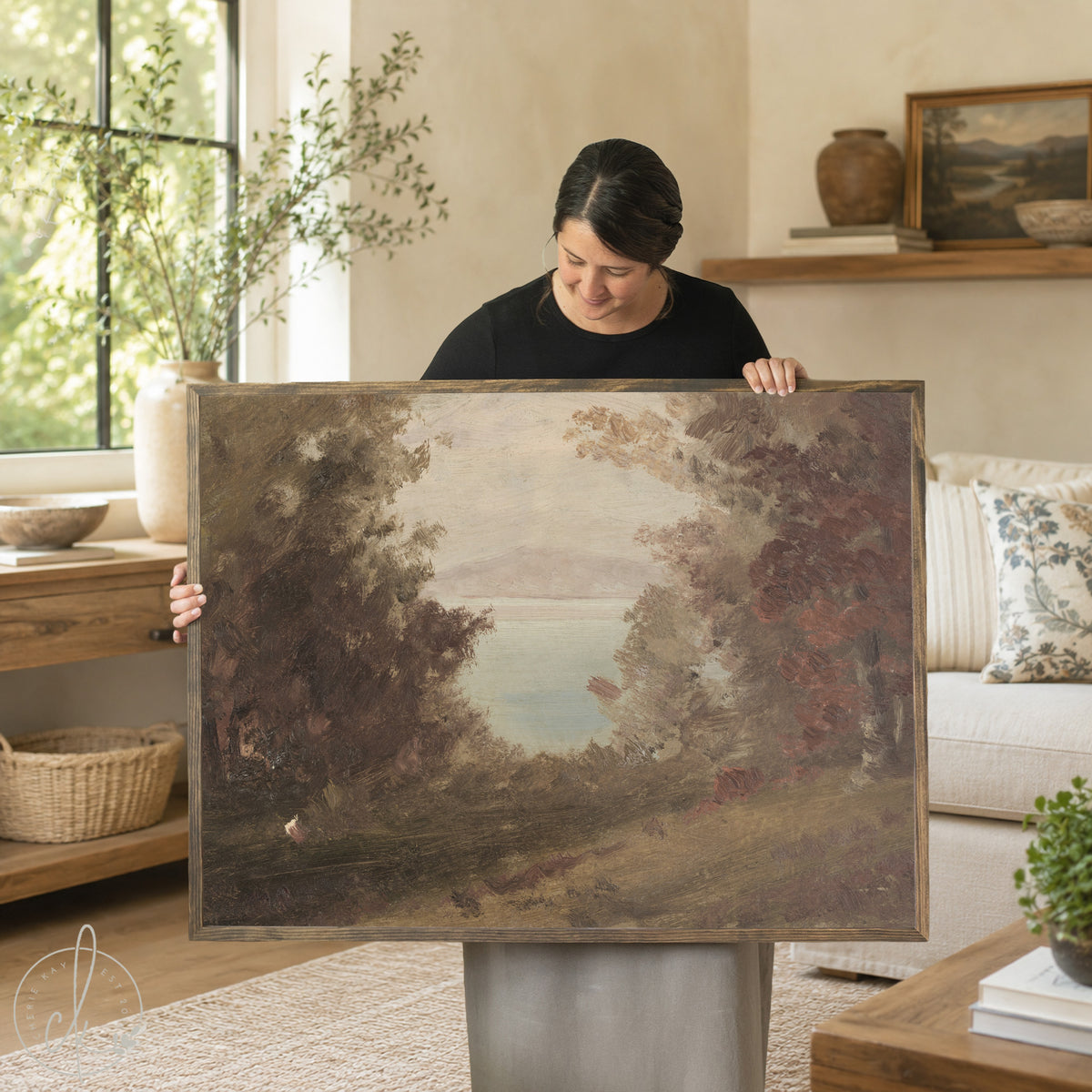 Autumn wall art with trees and lake, large framed landscape painting for living room decor.