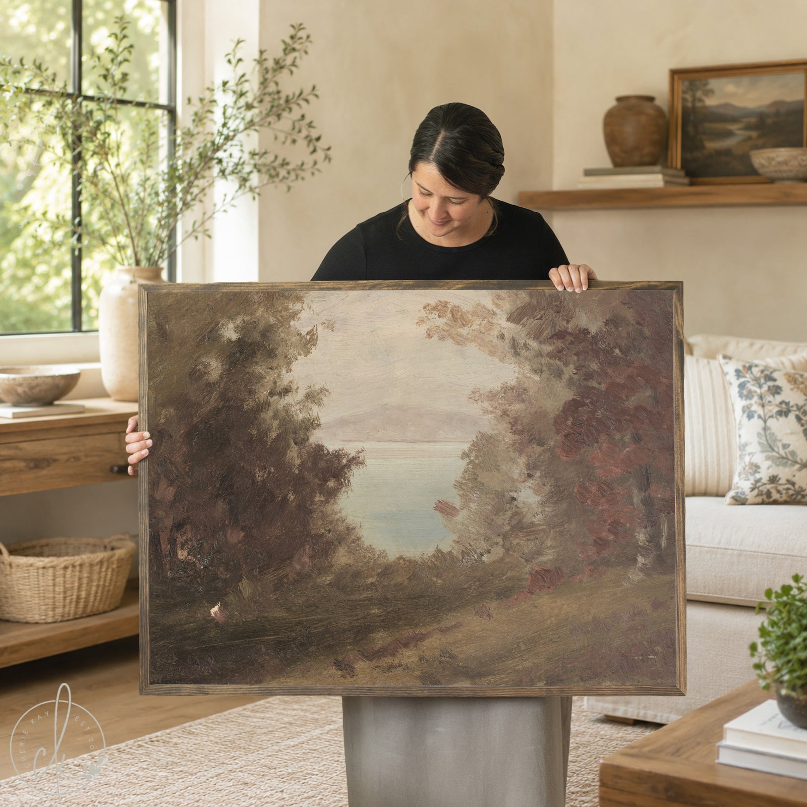 Autumn wall art with trees and lake, large framed landscape painting for living room decor.